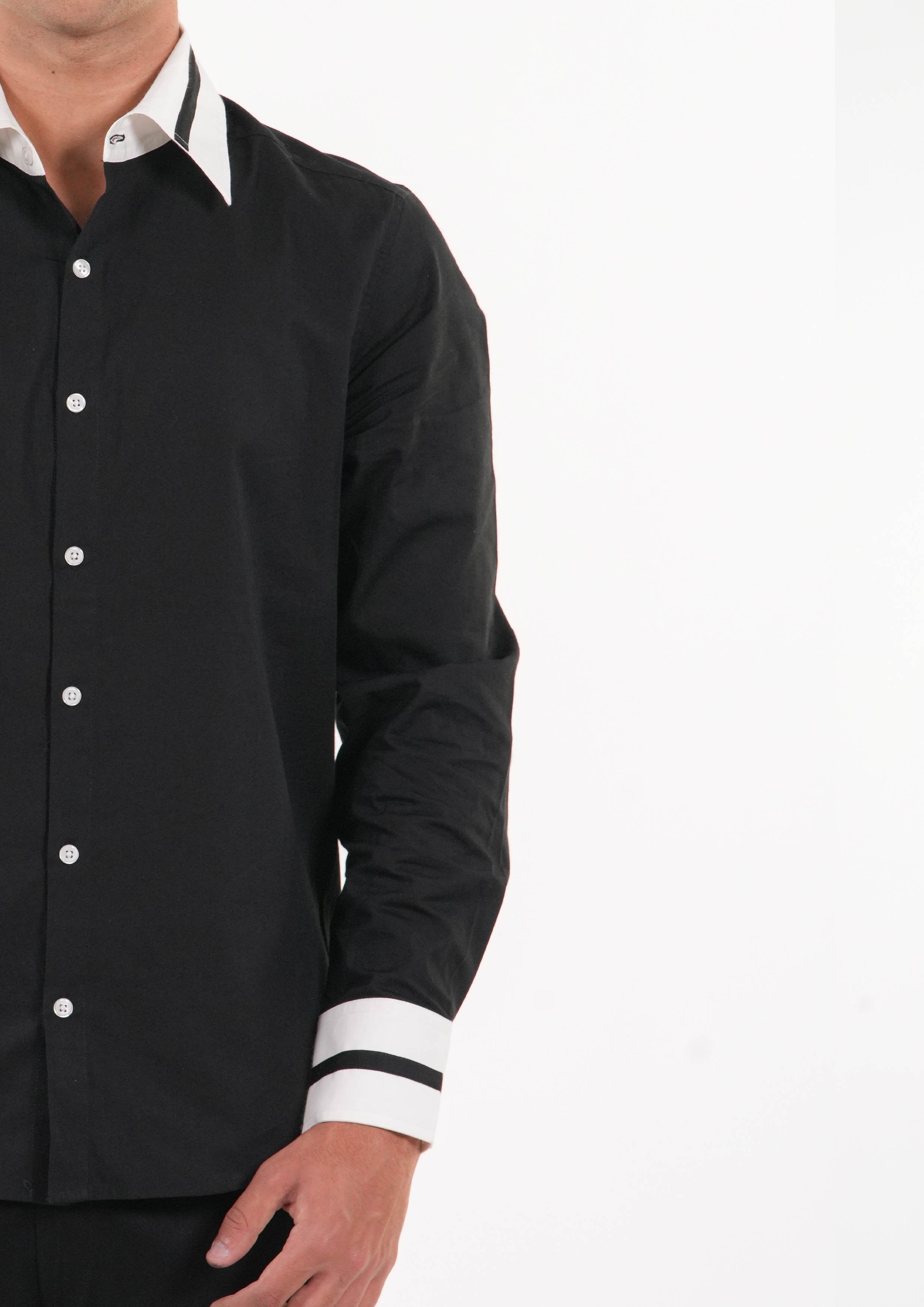 Black shirt with white collar and cuffs on a white background