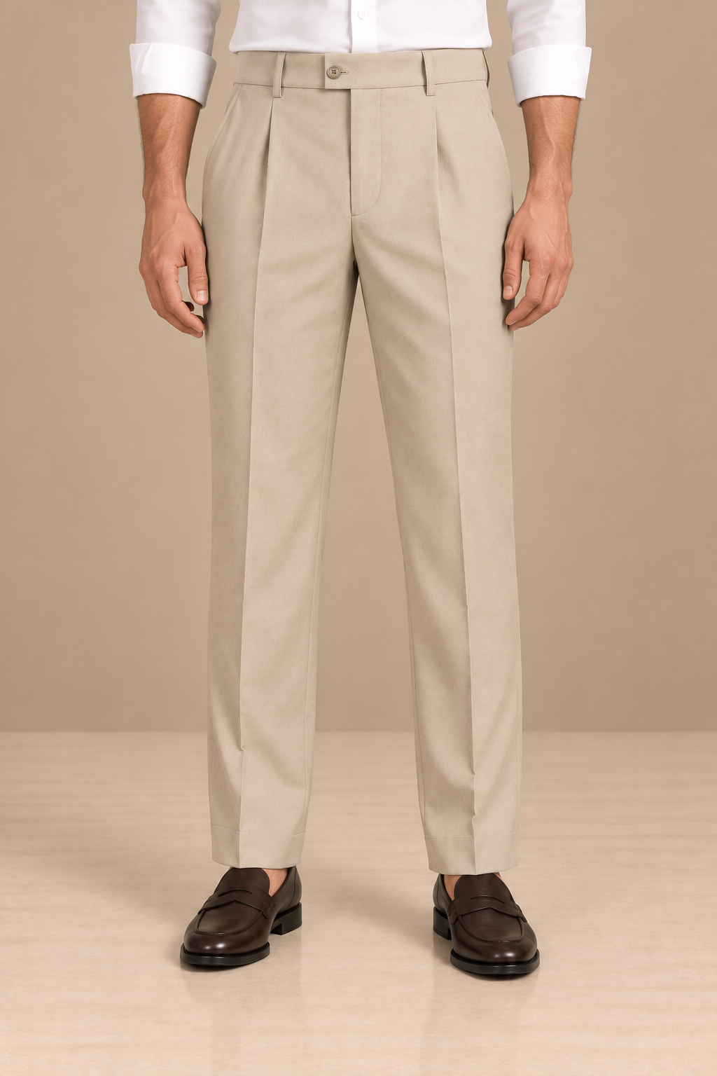 Beige Modern Straight-Fit Trousers