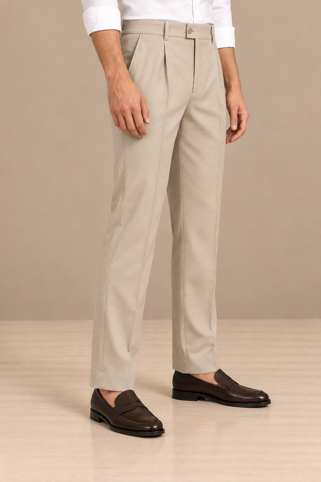 Beige Modern Straight-Fit Trousers