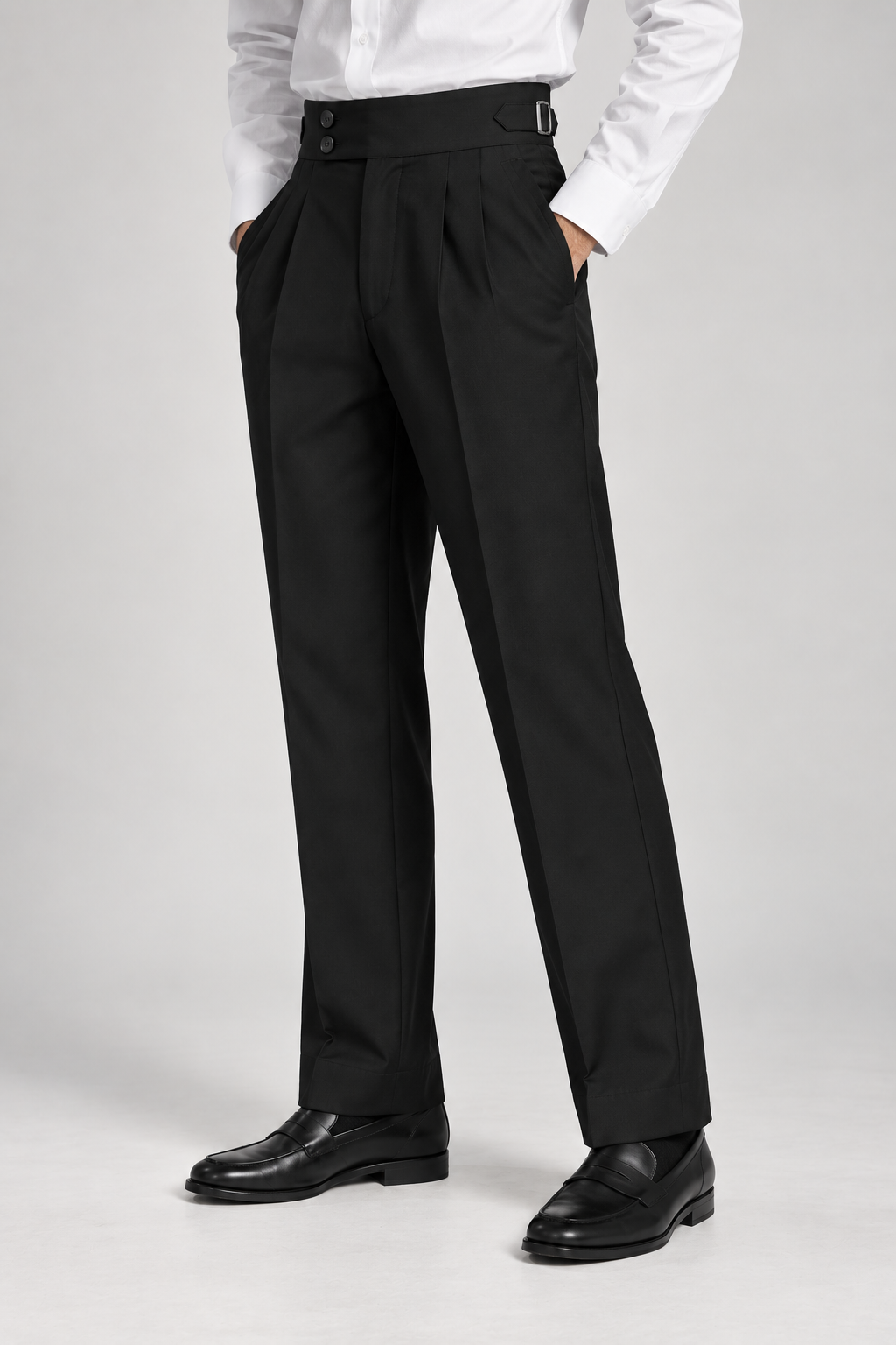 Black Italian Double-Button Pleated Trousers