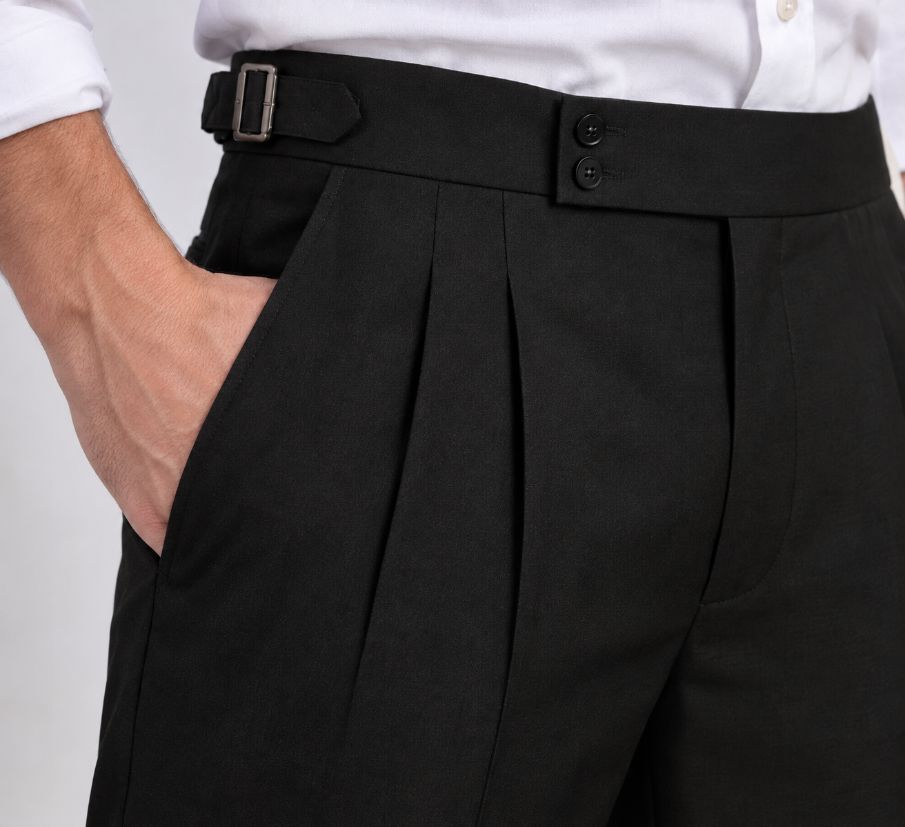 Black Italian Double-Button Pleated Trousers