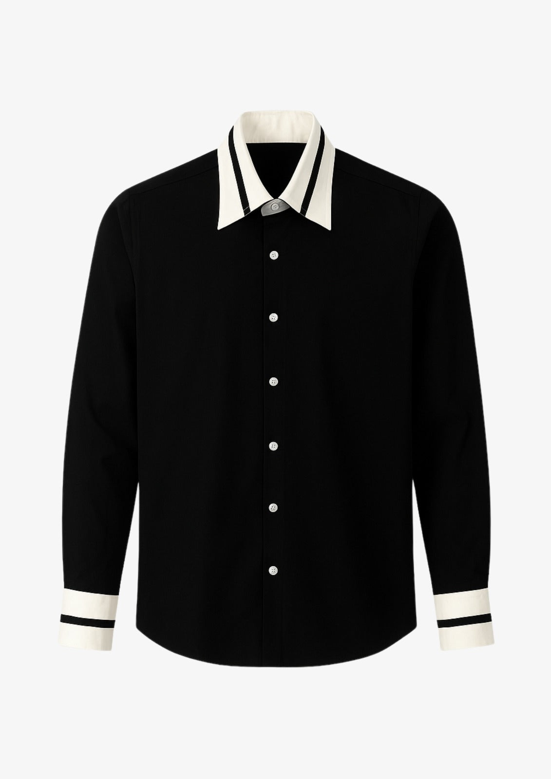 Black shirt with white trim on a light gray background