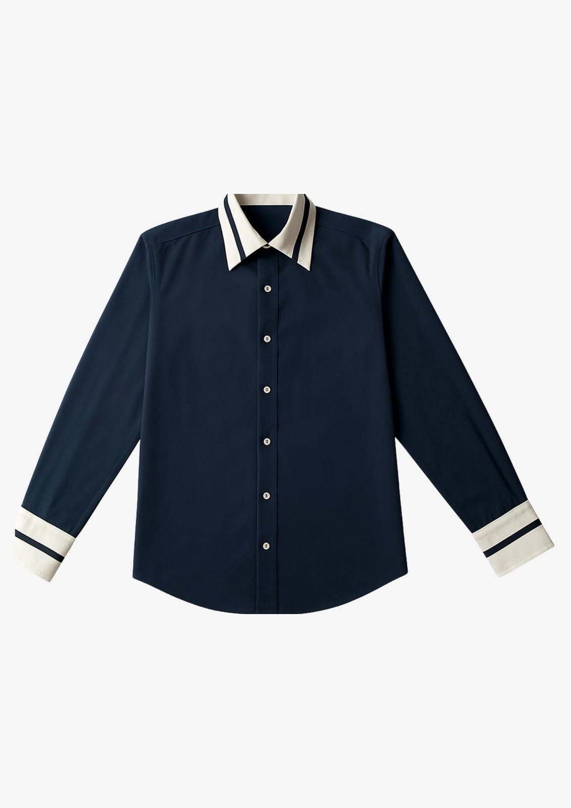 Navy shirt with white trim on a light gray background